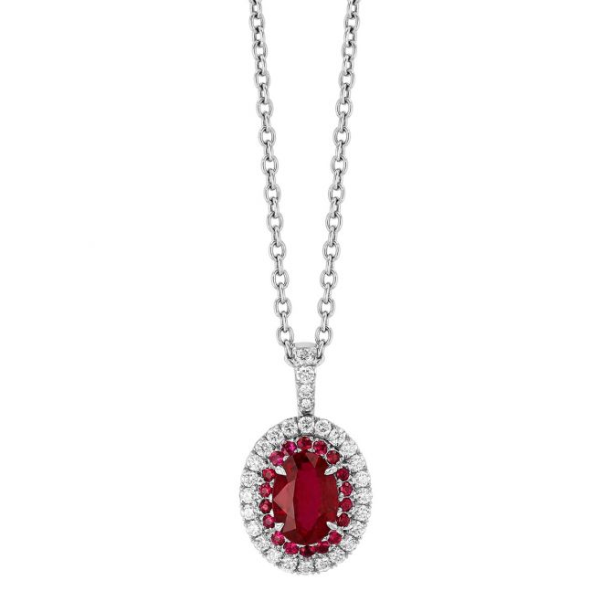 Omi Prive Duet Oval Ruby & Diamond Halo Pendant in Platinum, 18"