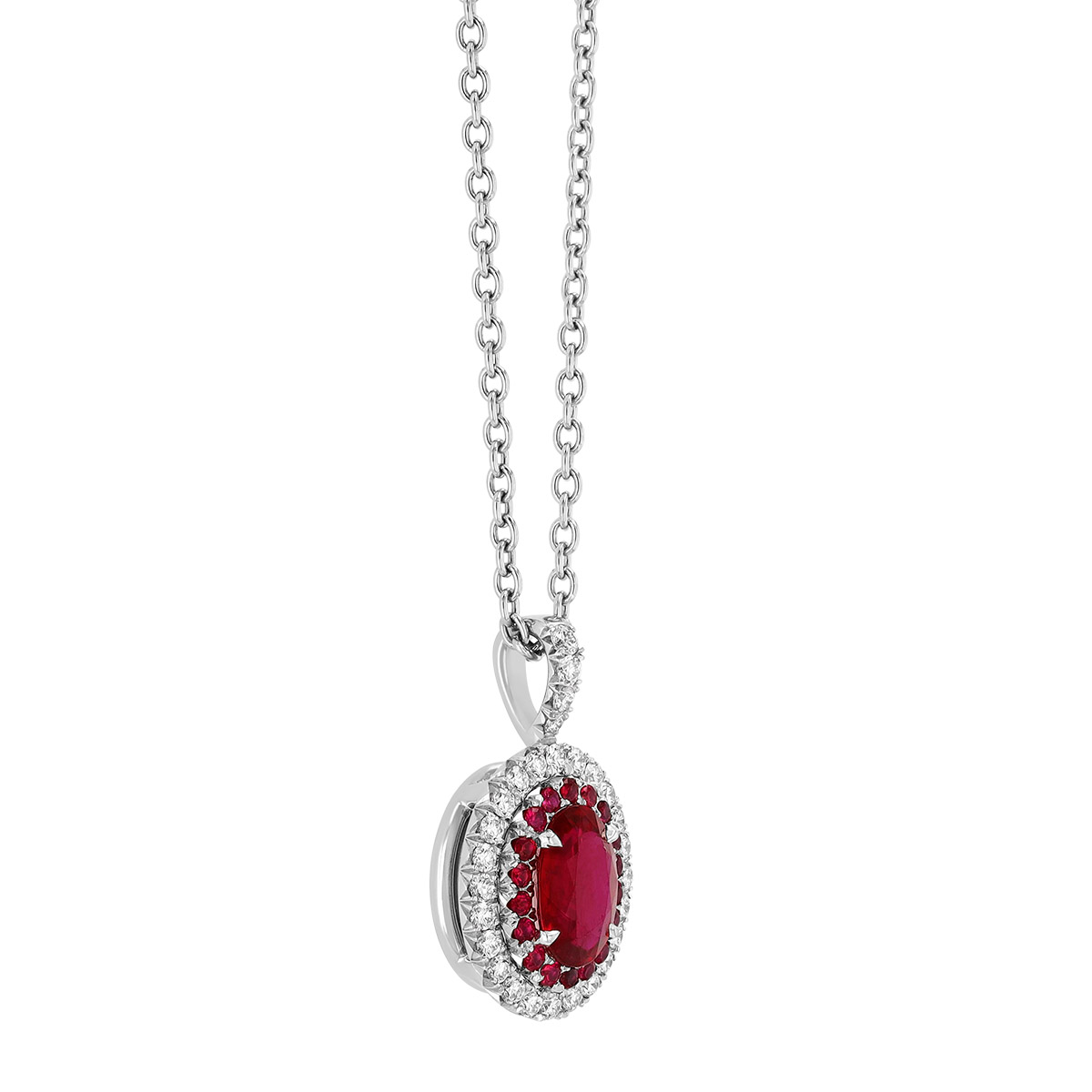 Omi Prive Duet Oval Ruby & Diamond Halo Pendant in Platinum, 18