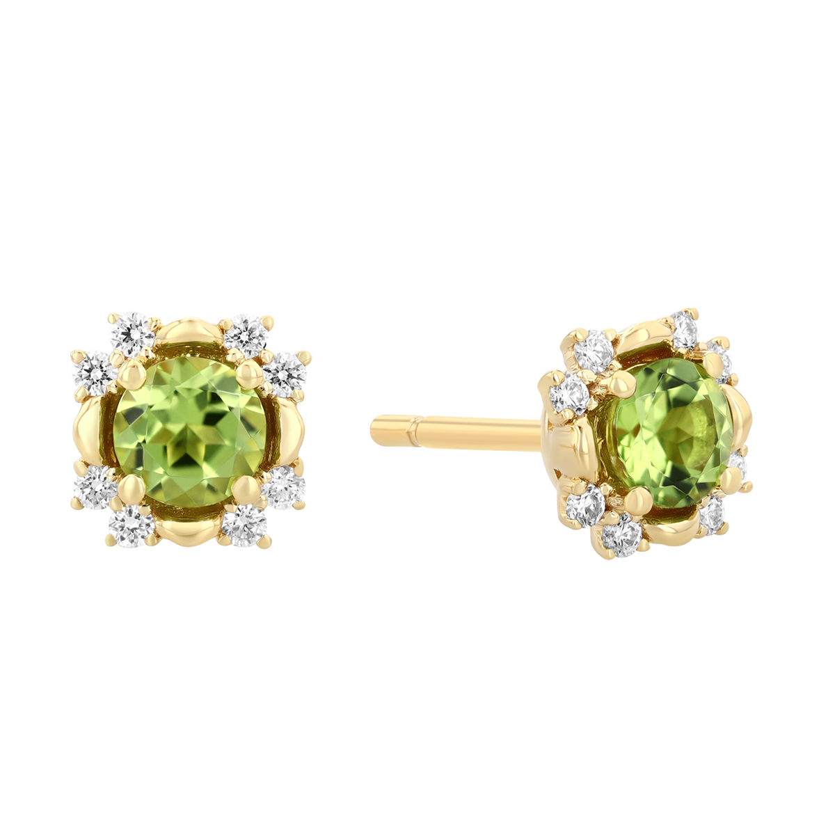 Round Peridot & Diamond Halo Stud Earrings in Yellow Gold