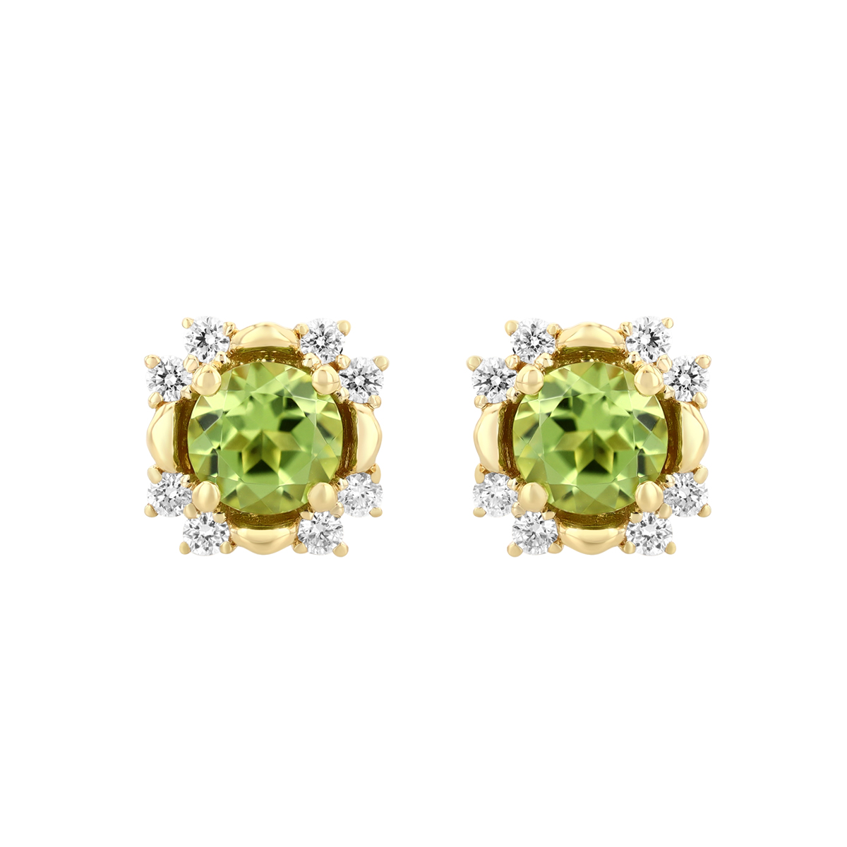 Round Peridot & Diamond Halo Stud Earrings in Yellow Gold