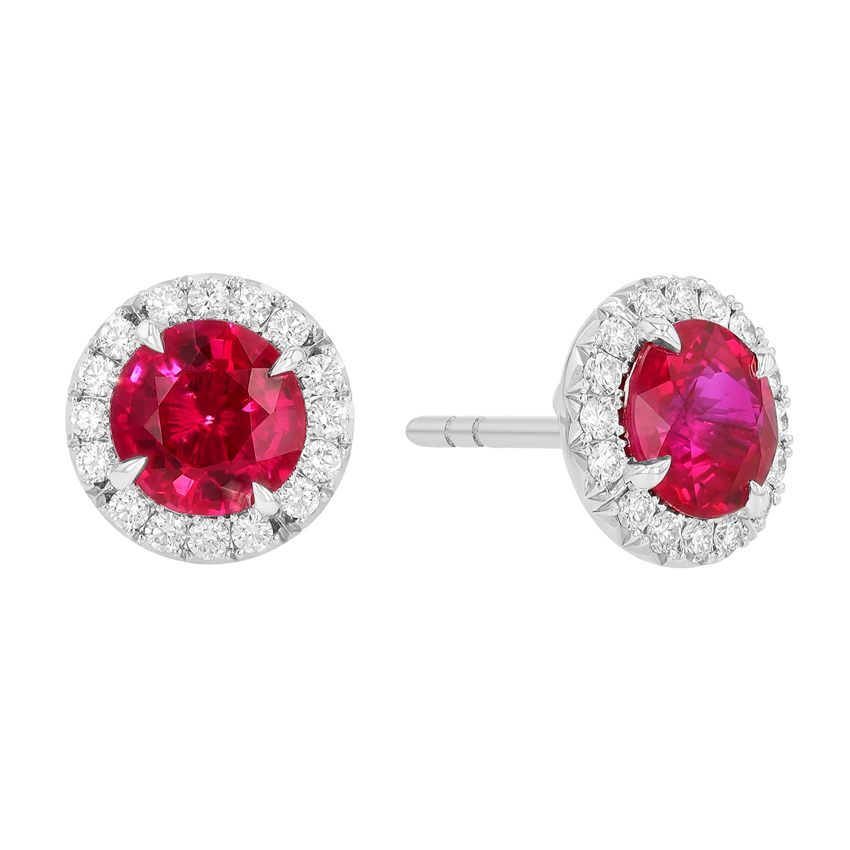 Omi Prive Dore Round Ruby & Diamond Halo Stud Earrings in Platinum
