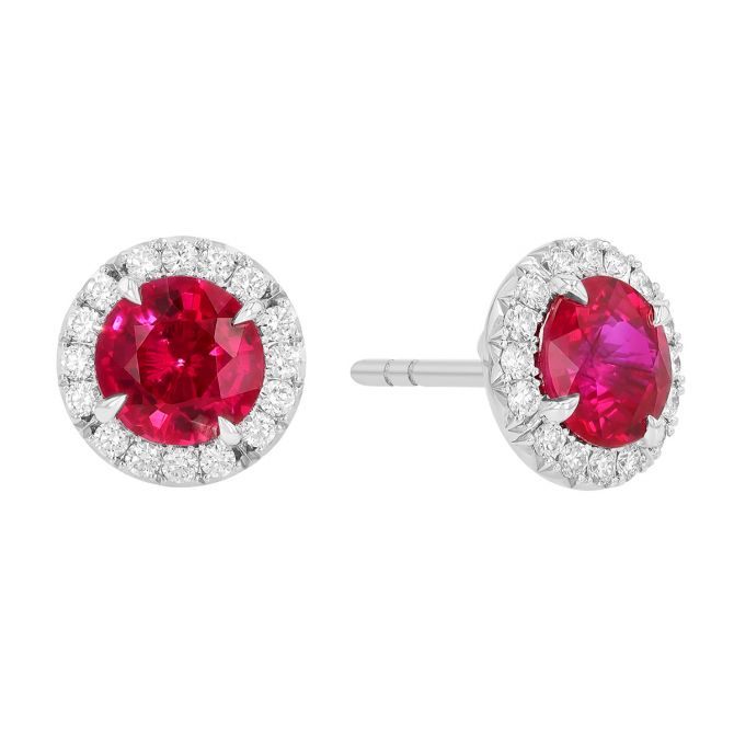 Omi Prive Dore Round Ruby & Diamond Halo Stud Earrings in Platinum
