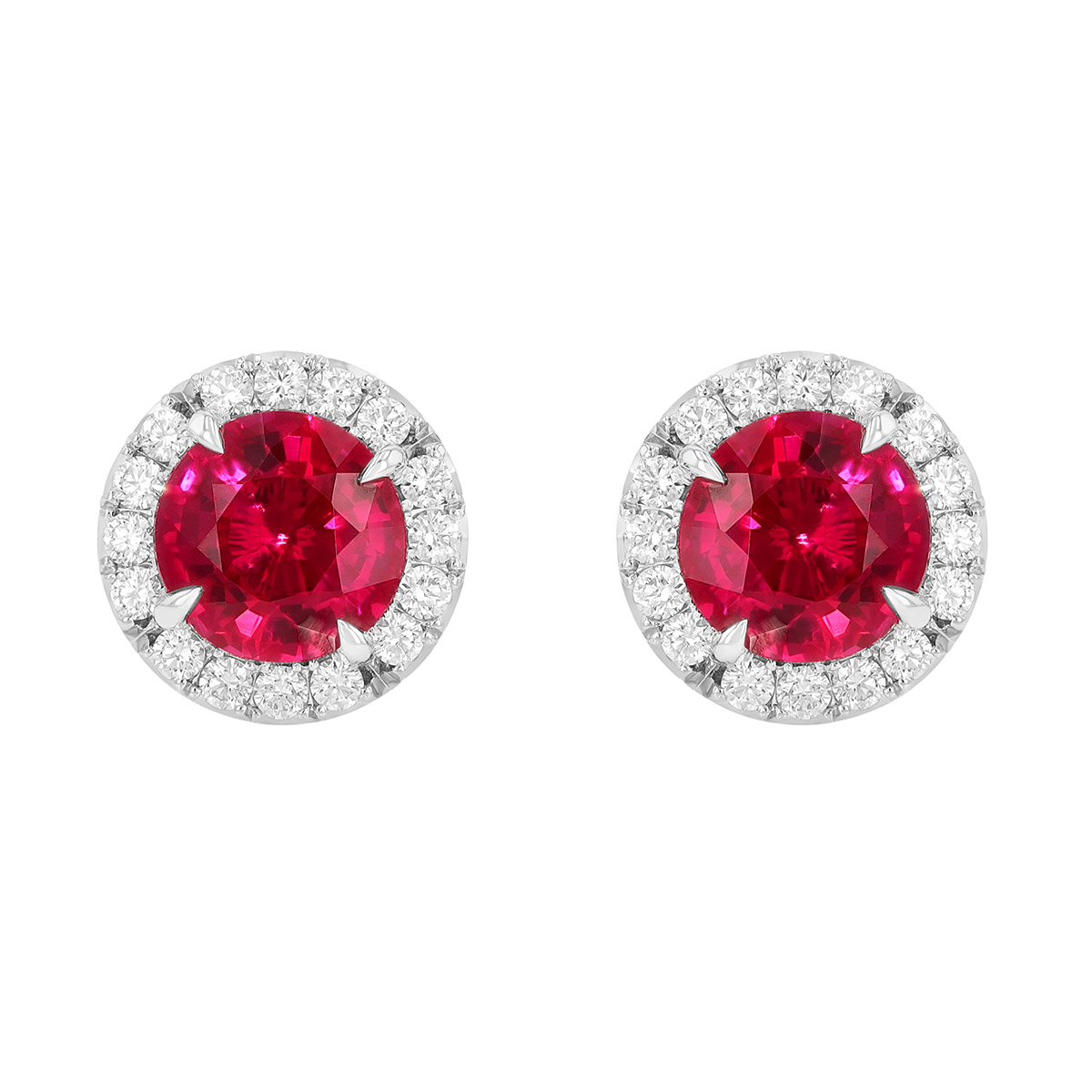 Omi Prive Dore Round Ruby & Diamond Halo Stud Earrings in Platinum