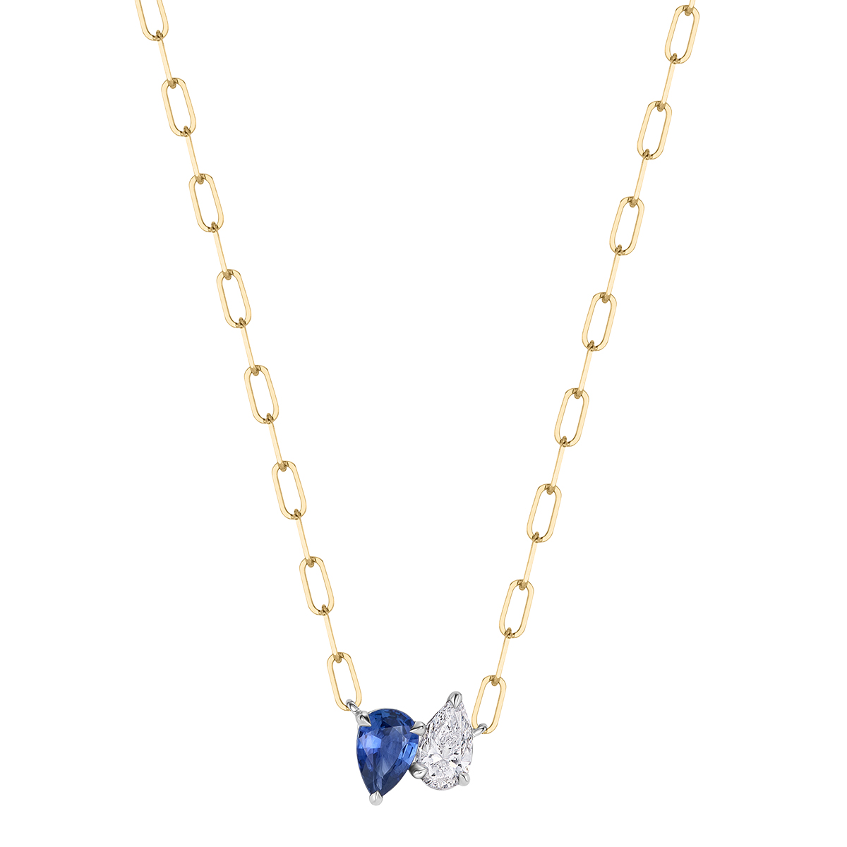 Phillips House One of One Pear Shape Sapphire & Diamond Duo Pendant in Yellow Gold & Platinum, 18