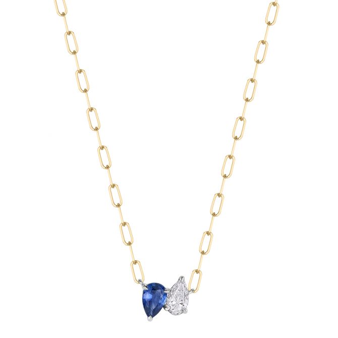 Phillips House One of One Pear Shape Sapphire & Diamond Duo Pendant in Yellow Gold & Platinum, 18"