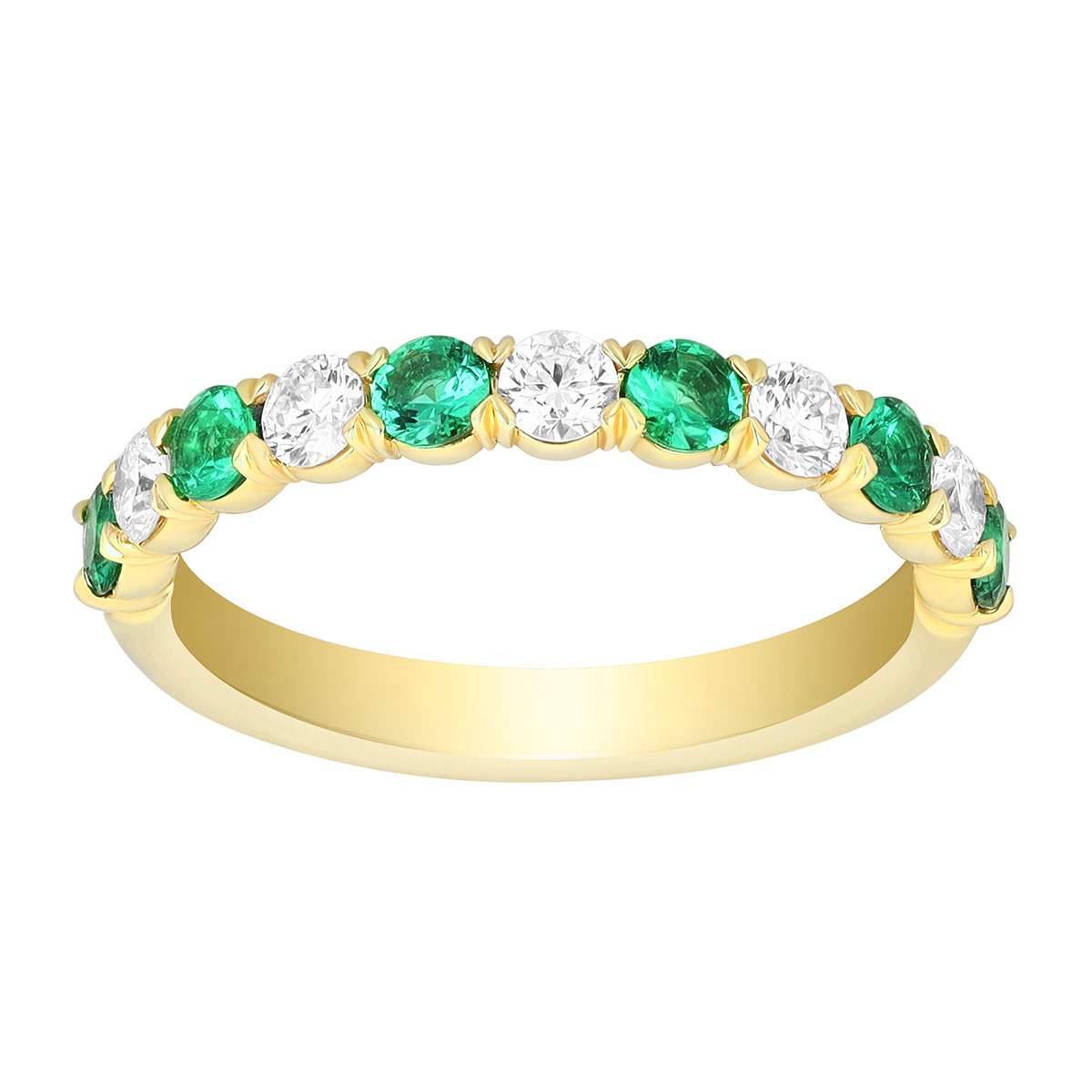 Precision Set Round Emerald & Diamond Band Ring in Yellow Gold, 0.78 tw