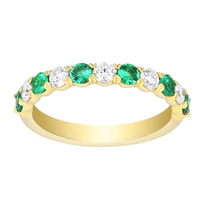 Precision Set Round Emerald & Diamond Band Ring in Yellow Gold, 0.78 tw