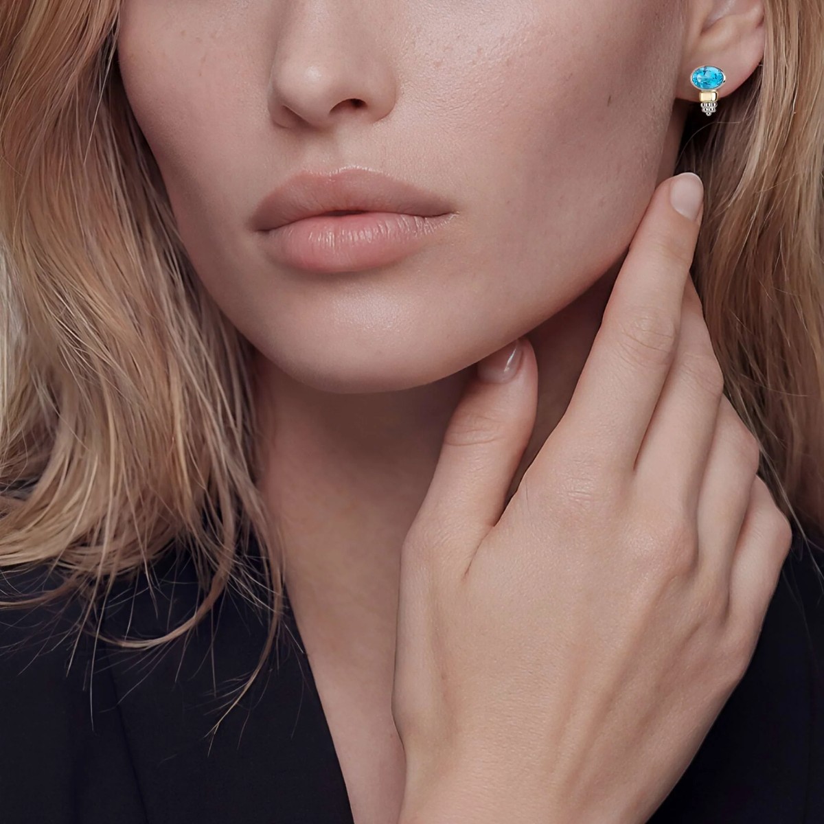LAGOS Signature Caviar Two-Tone Swiss Blue Topaz Oval Stud Earrings