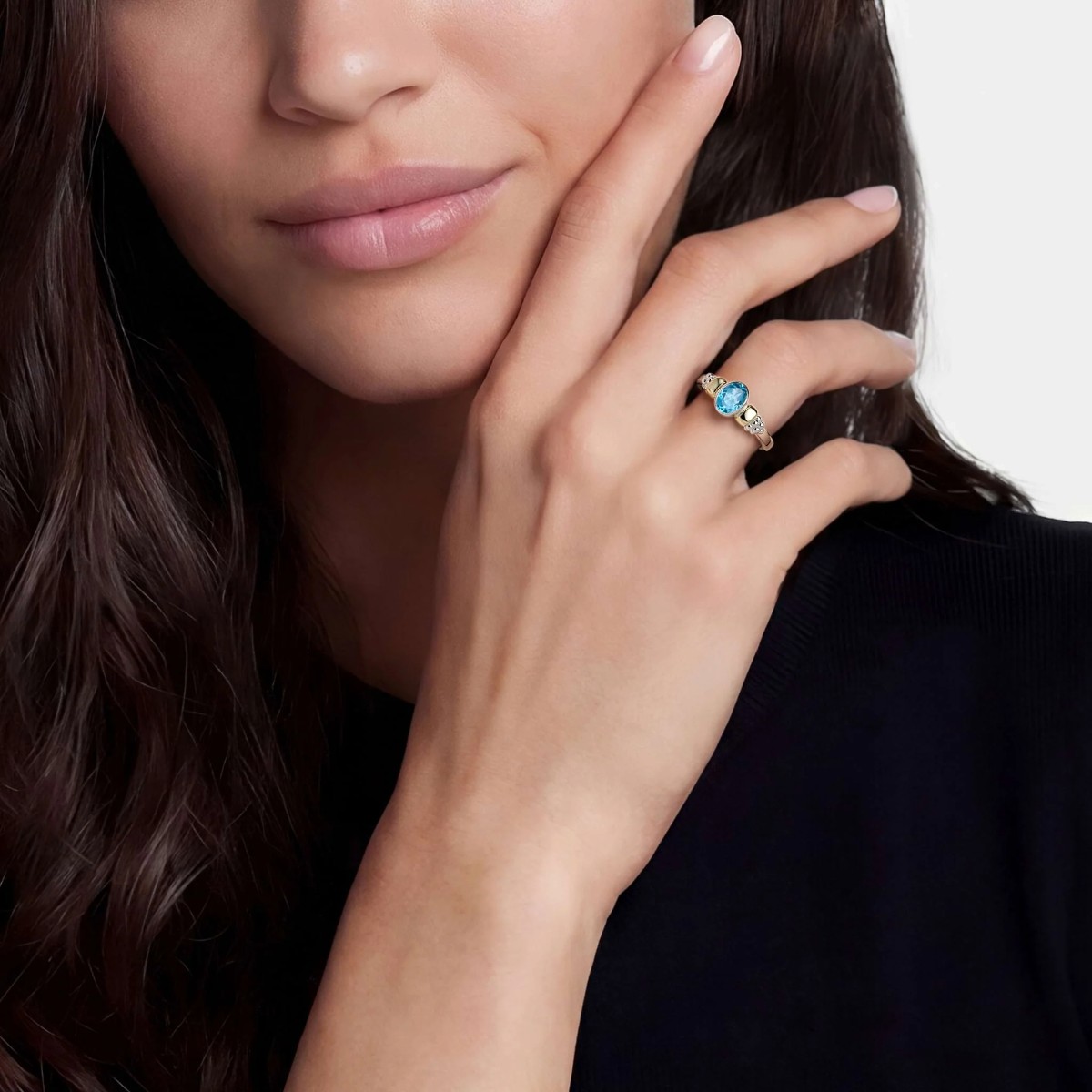 LAGOS Signature Caviar Two-Tone Swiss Blue Topaz Oval Ring, Size 7