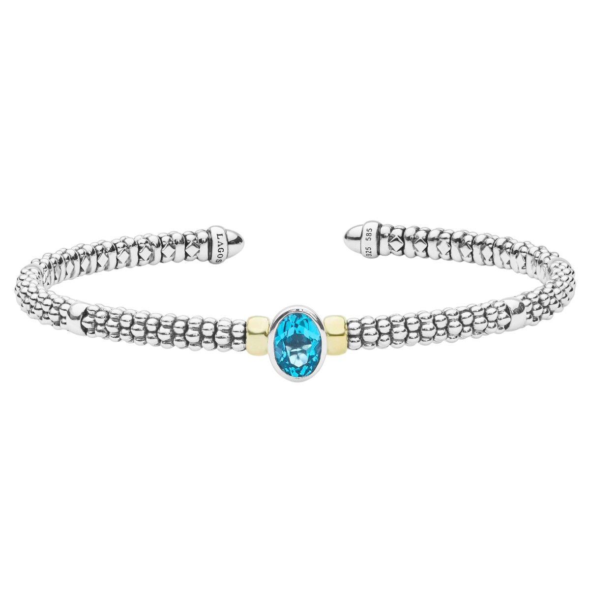 LAGOS Signature Caviar Two-Tone Swiss Blue Topaz Oval Mini Versa Torque Bracelet, 3 mm, Size M