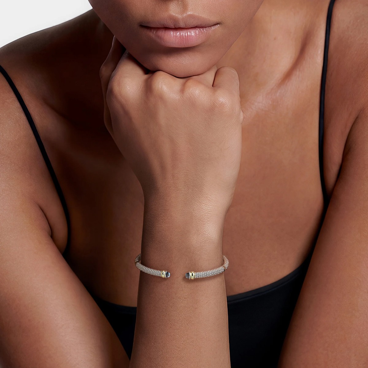 LAGOS Signature Caviar Two-Tone Swiss Blue Topaz Mini Versa Torque Bracelet, 3 mm, Size M