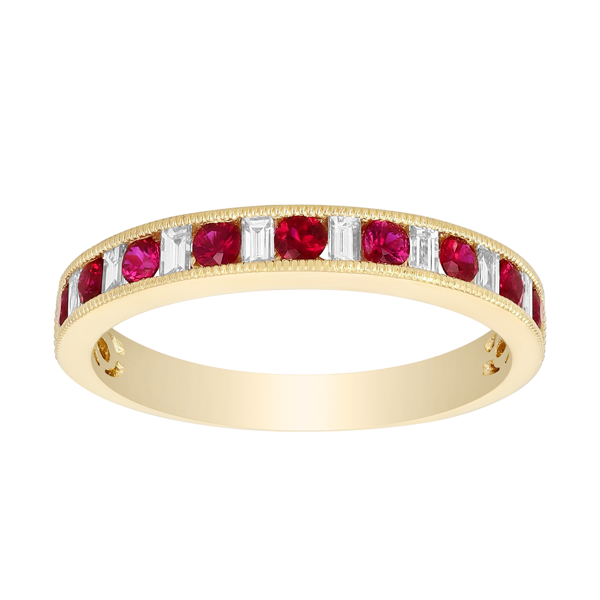 Channel Set Round Ruby & Baguette Diamond Ring in Yellow Gold