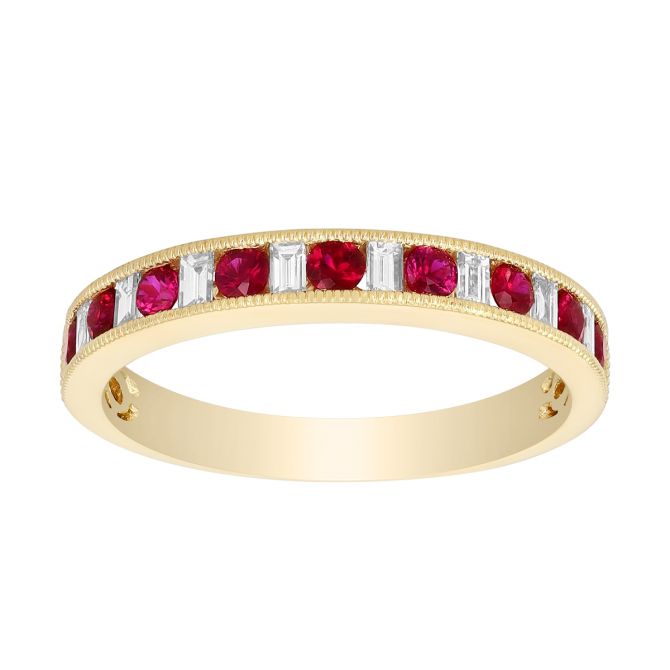 Channel Set Round Ruby & Baguette Diamond Ring in Yellow Gold