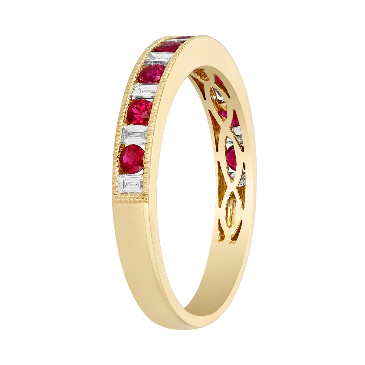 Channel Set Round Ruby & Baguette Diamond Ring in Yellow Gold