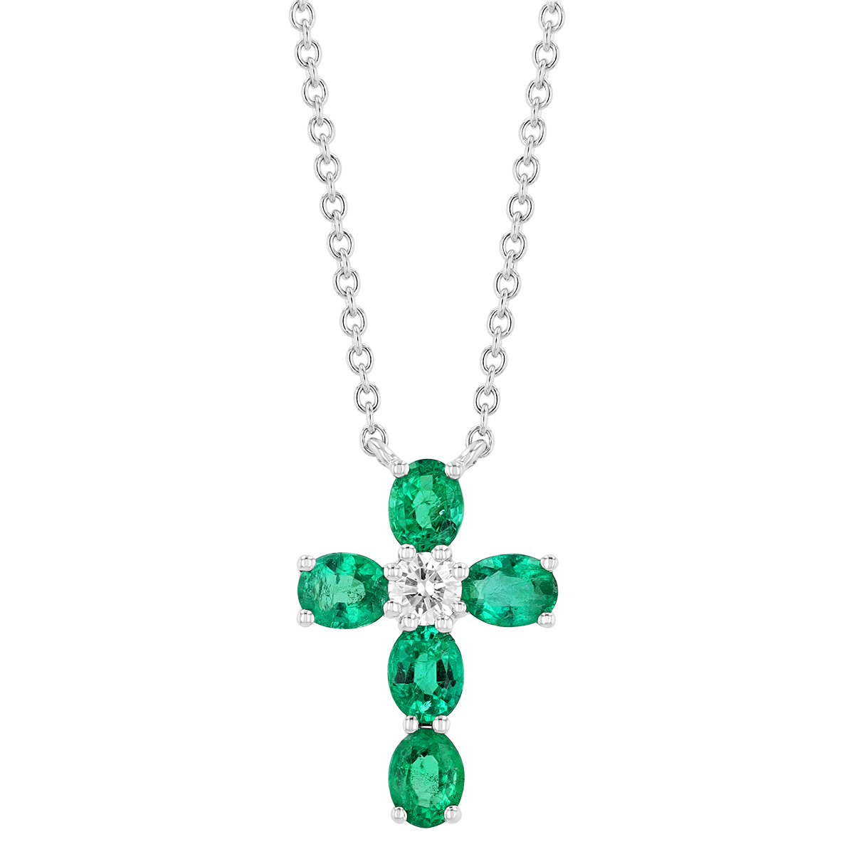 Frederic Sage Oval Emerald & Round Diamond Cross Pendant in White Gold, 16