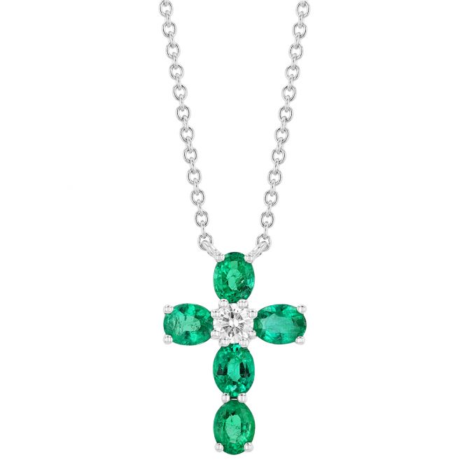 Frederic Sage Oval Emerald & Round Diamond Cross Pendant in White Gold, 16"