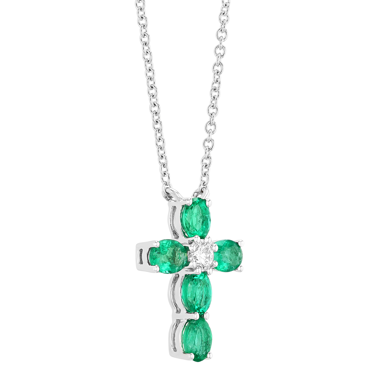 Frederic Sage Oval Emerald & Round Diamond Cross Pendant in White Gold, 16