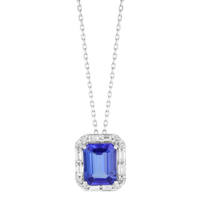 Emerald Cut Tanzanite & Mixed Shaped Diamond Halo Pendant in White Gold
