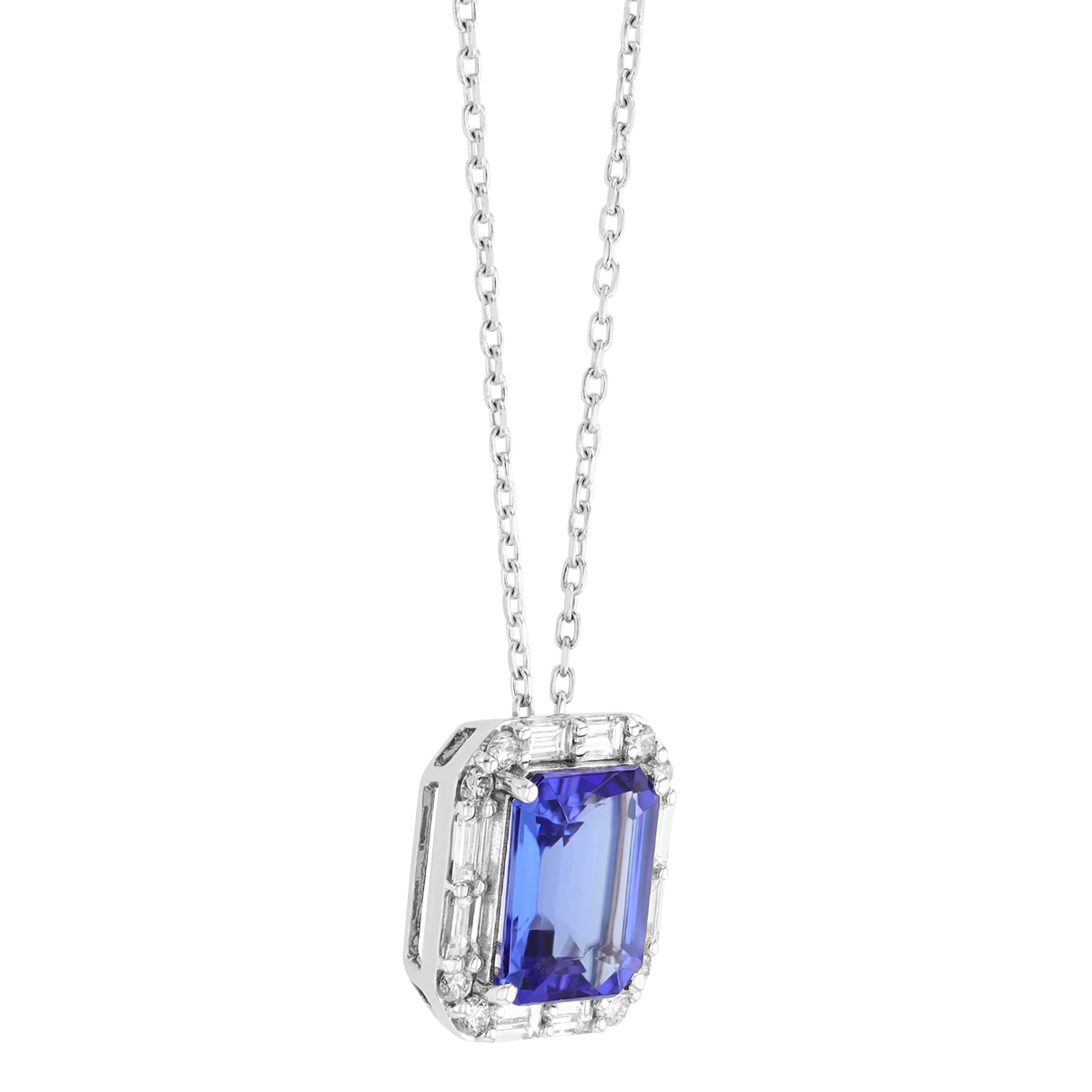 Emerald Cut Tanzanite & Mixed Shaped Diamond Halo Pendant in White Gold