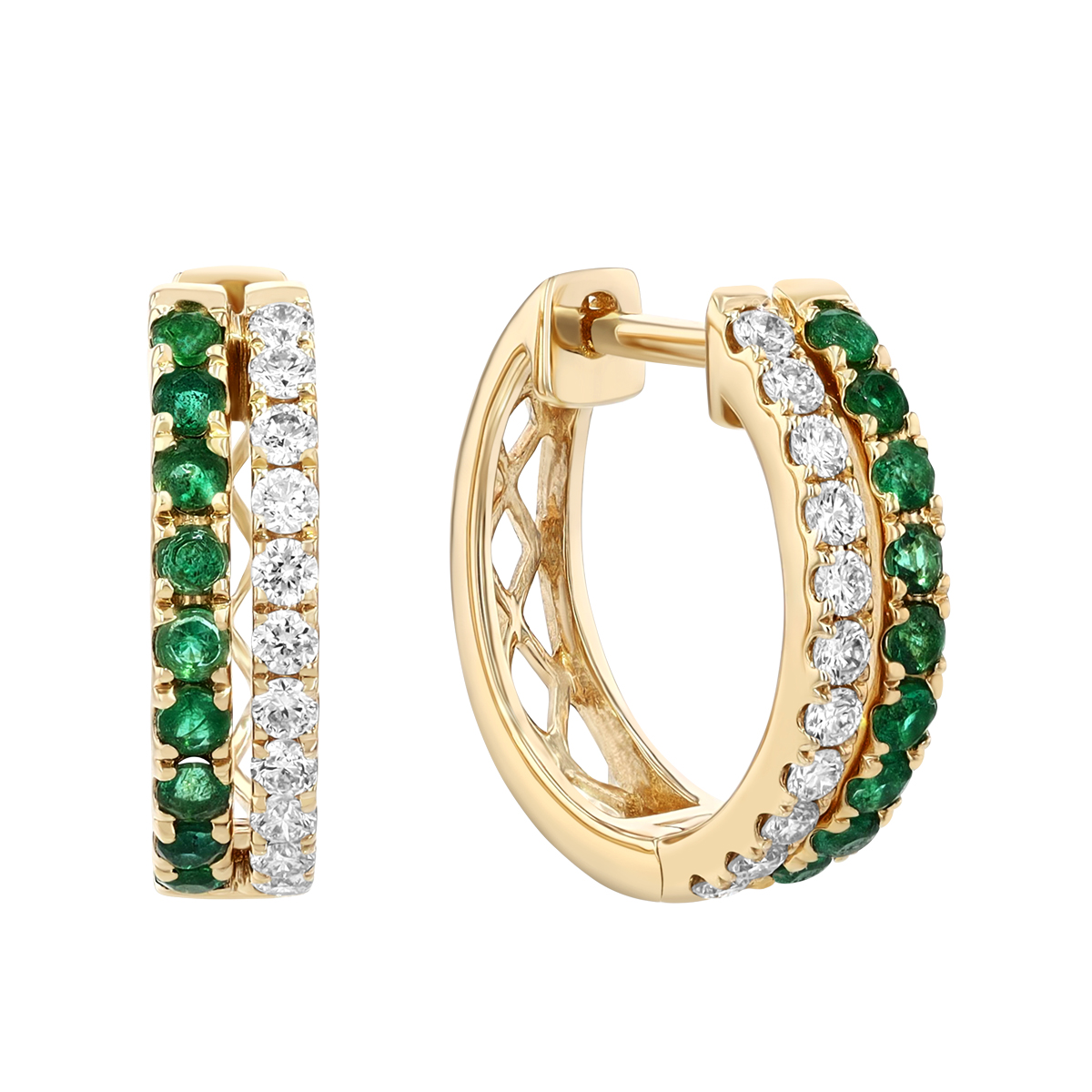 Emerald & Diamond Double Hoop Earrings in Yellow Gold