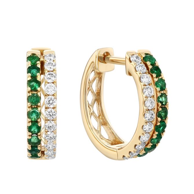 Emerald & Diamond Double Hoop Earrings in Yellow Gold