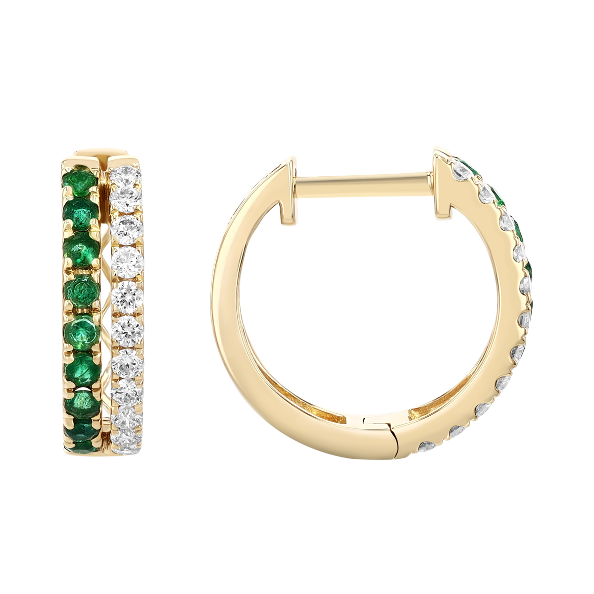 Emerald & Diamond Double Hoop Earrings in Yellow Gold