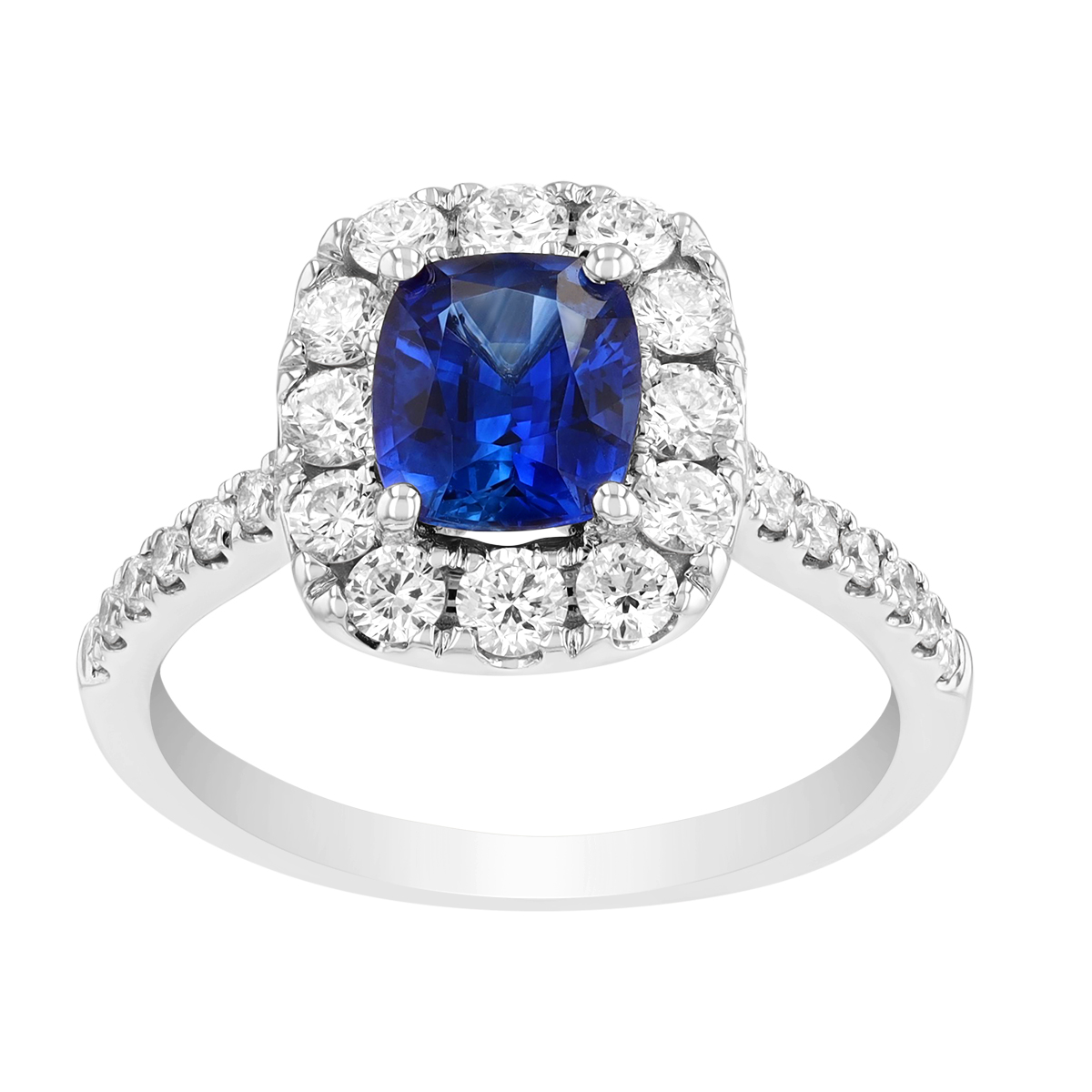 Cushion Cut Sapphire & Diamond Halo Ring in White Gold