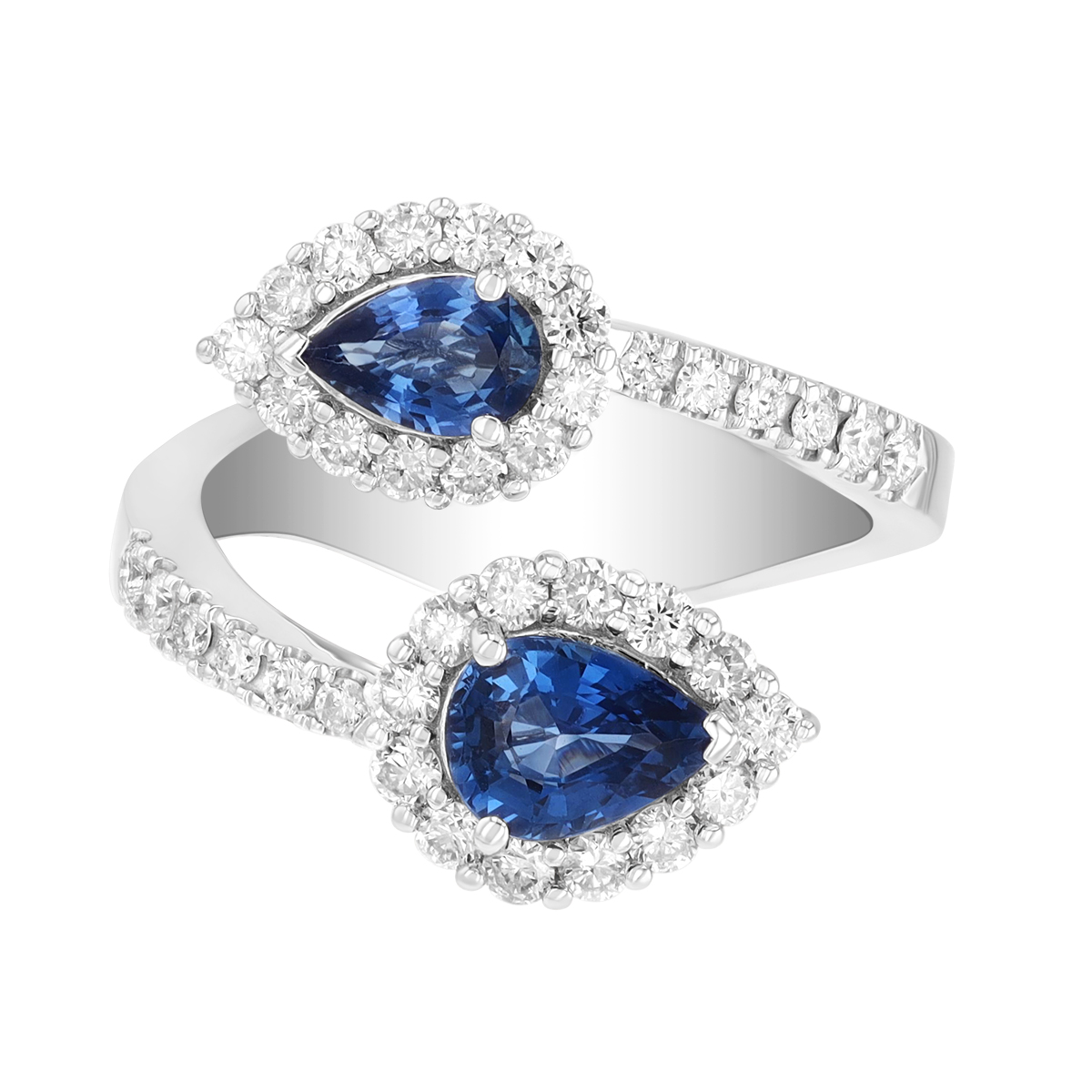 Pear Shape Sapphire & Diamond Halo Bypass Ring in White Gold