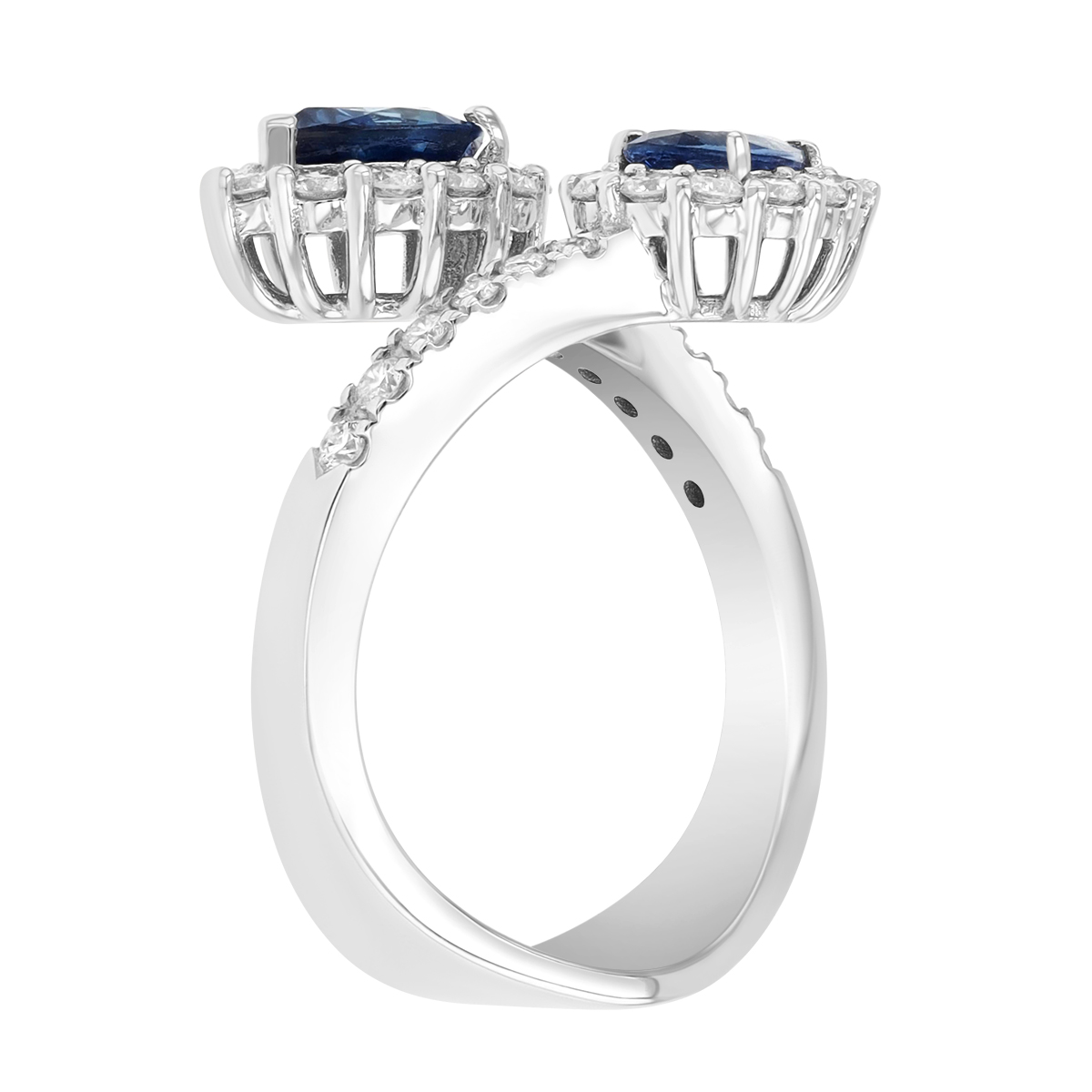 Pear Shape Sapphire & Diamond Halo Bypass Ring in White Gold