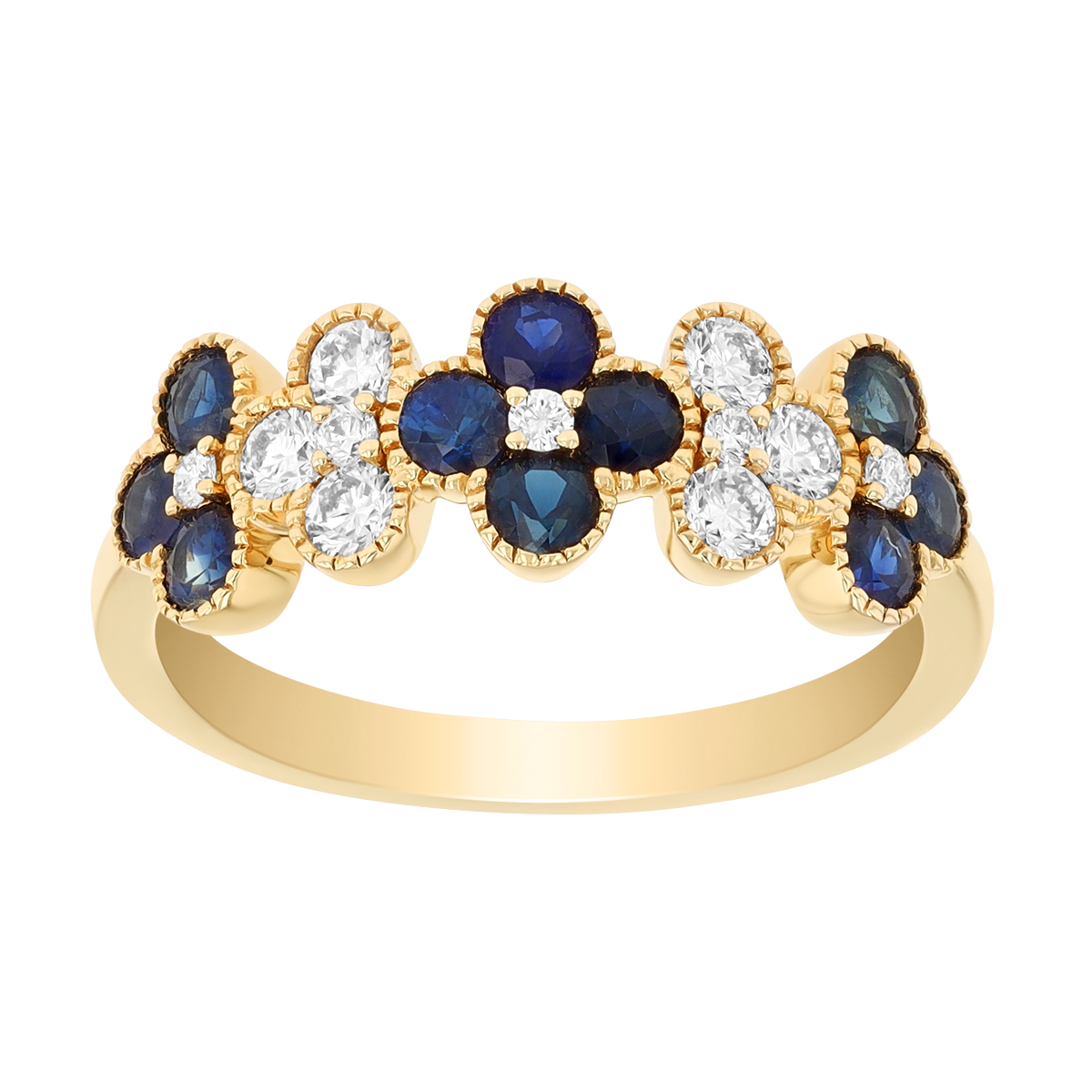 Sapphire & Diamond Cluster Clover Pattern Ring in Yellow Gold