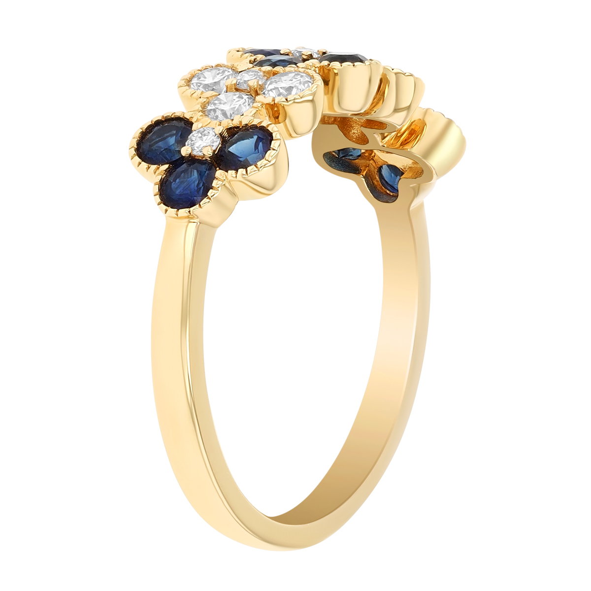 Sapphire & Diamond Cluster Clover Pattern Ring in Yellow Gold