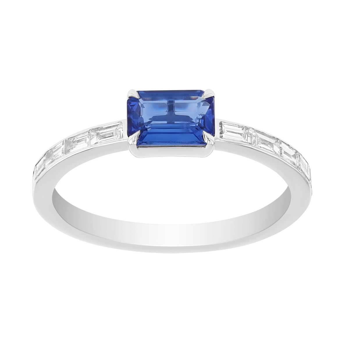 Emerald Cut Sapphire & Baguette Diamond Ring in White Gold