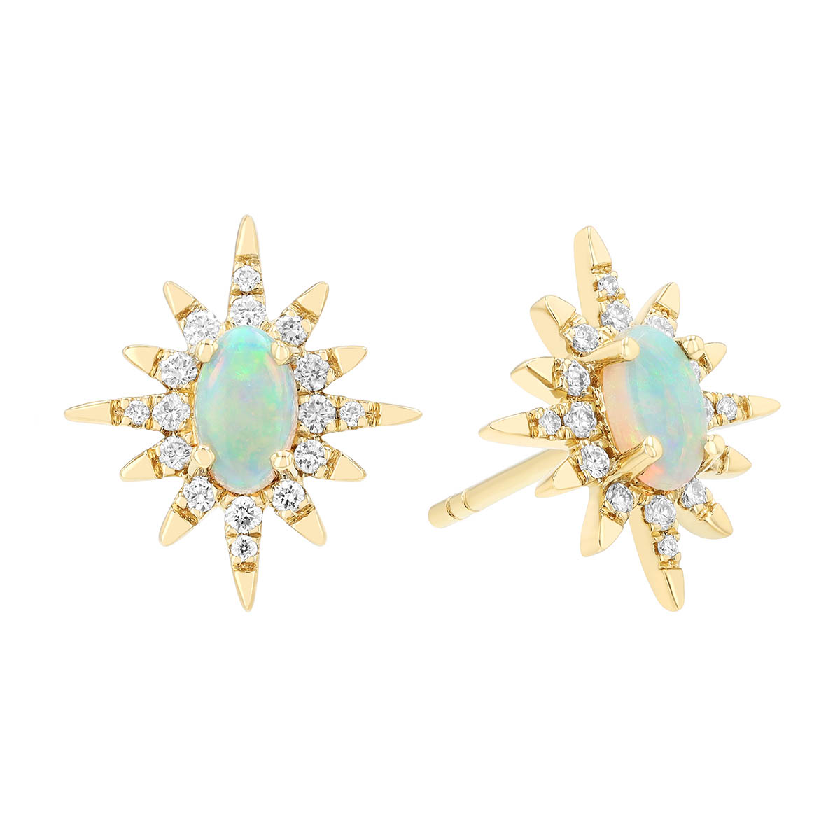 Oval Cabochon Opal & Diamond Starburst Stud Earrings in Yellow Gold