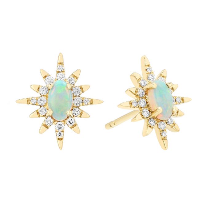 Oval Cabochon Opal & Diamond Starburst Stud Earrings in Yellow Gold