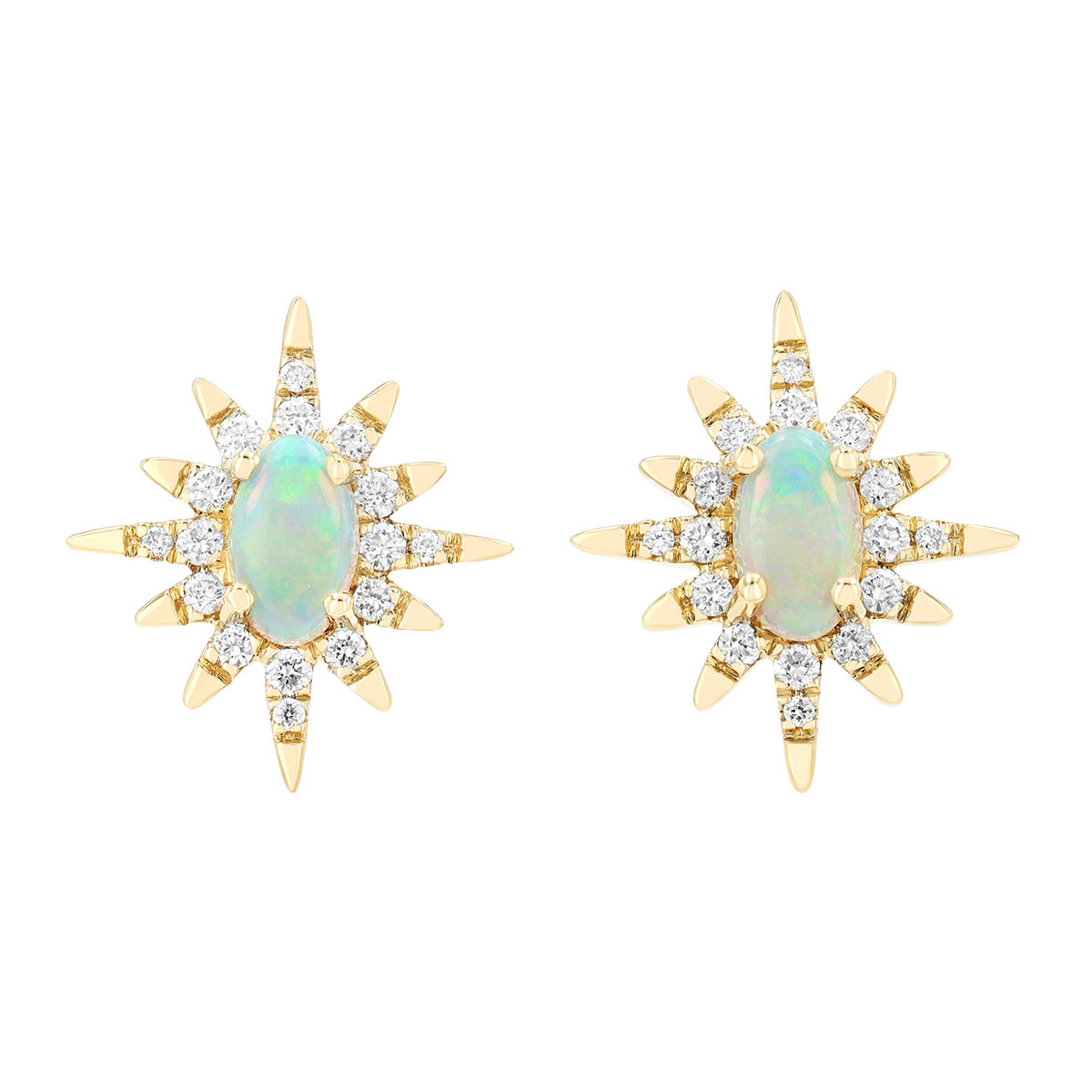 Oval Cabochon Opal & Diamond Starburst Stud Earrings in Yellow Gold