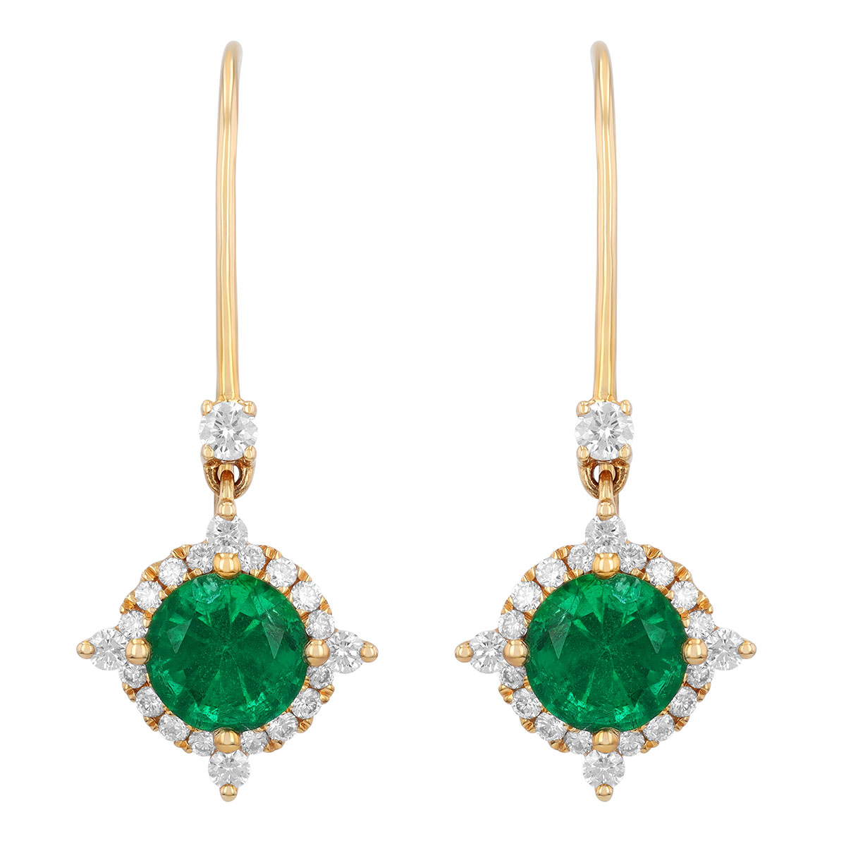 Round Emerald & Diamond Pointed Halo Drop Earrings in Yellow Gold