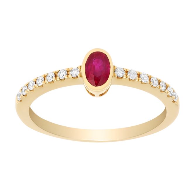 Bezel Set Oval Ruby & Diamond Ring in Yellow Gold