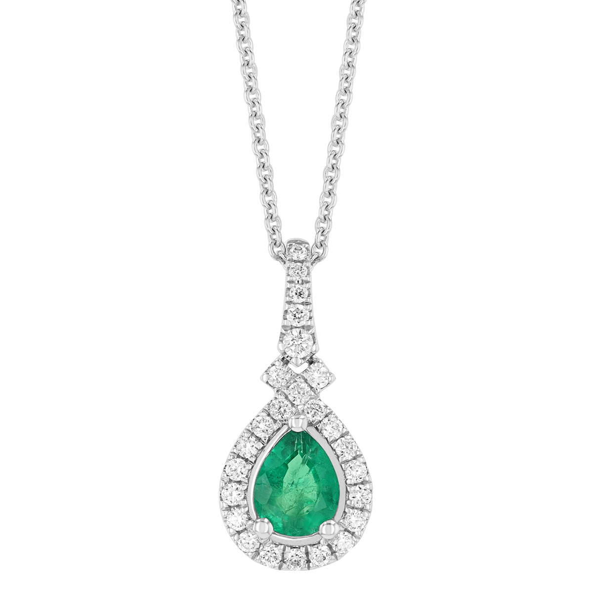 Pear Shape Emerald & Diamond Halo Pendant in White Gold, 18