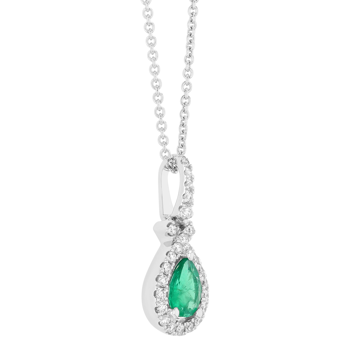 Pear Shape Emerald & Diamond Halo Pendant in White Gold, 18