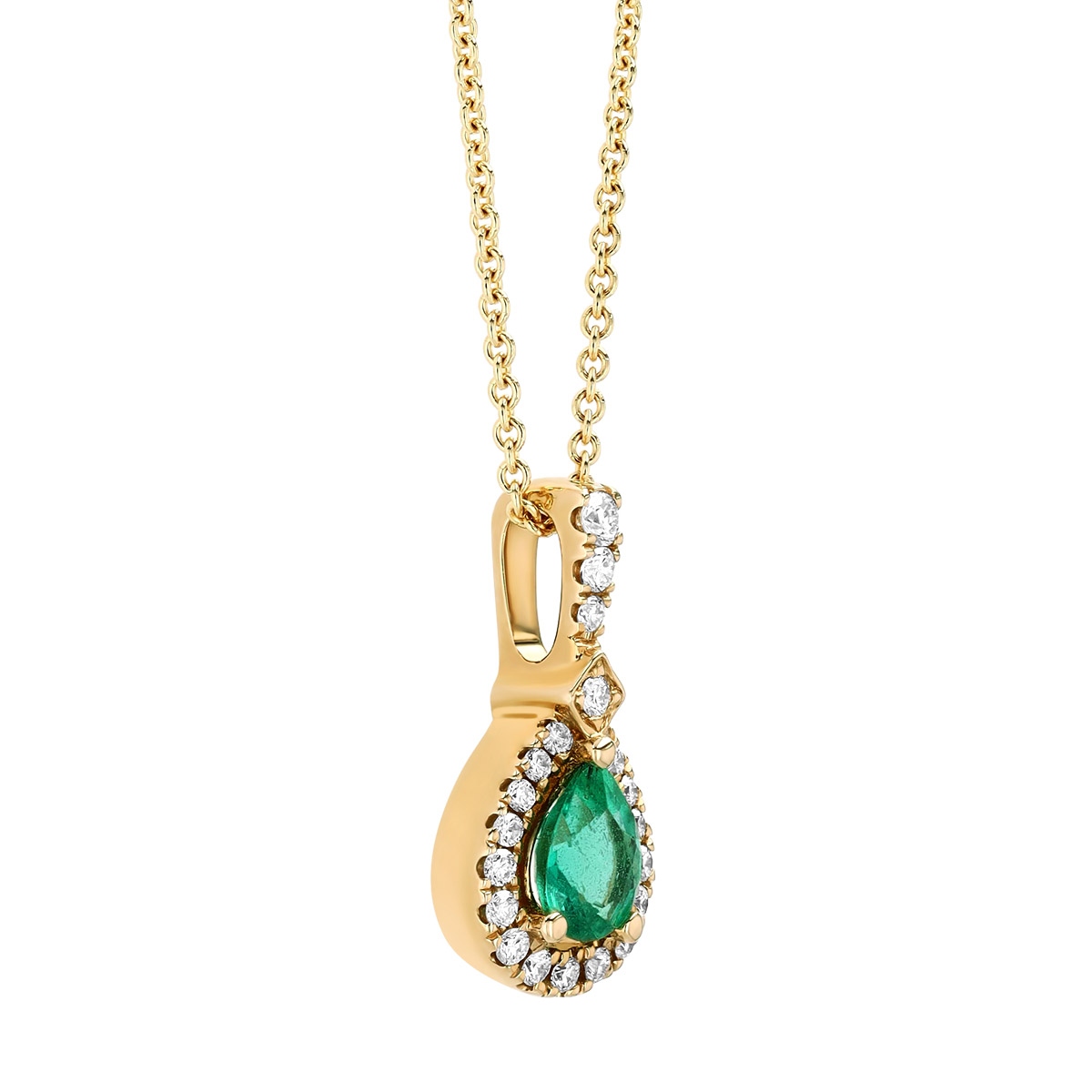 Pear Shape Emerald & Diamond Halo Pendant in Yellow Gold, 18