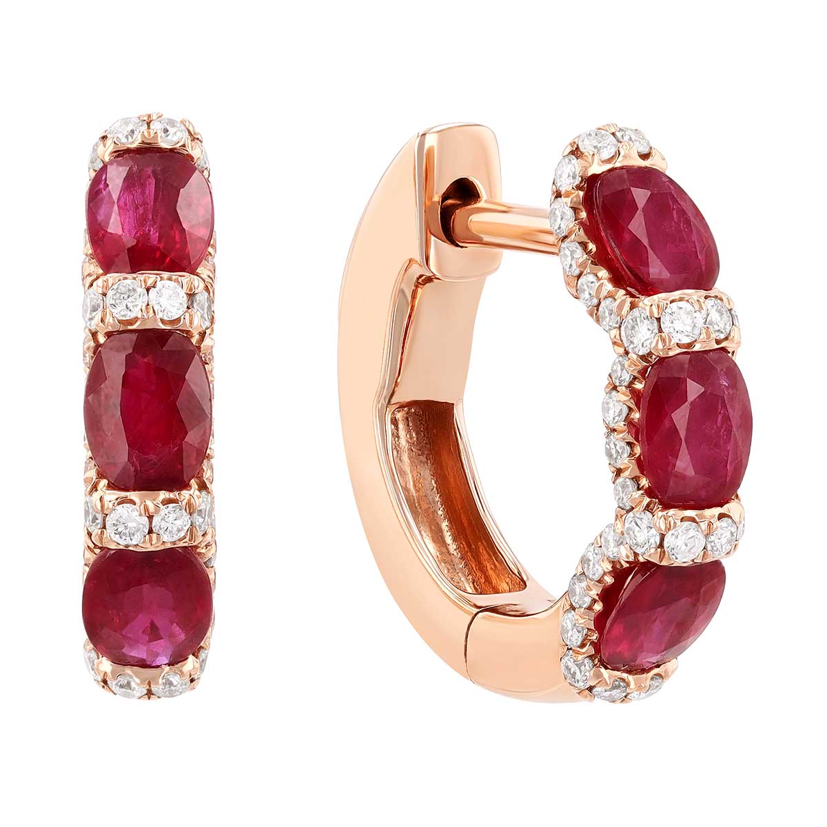 Oval Ruby & Diamond Shared Halo Huggie Hoop Earrings in Rose Gold