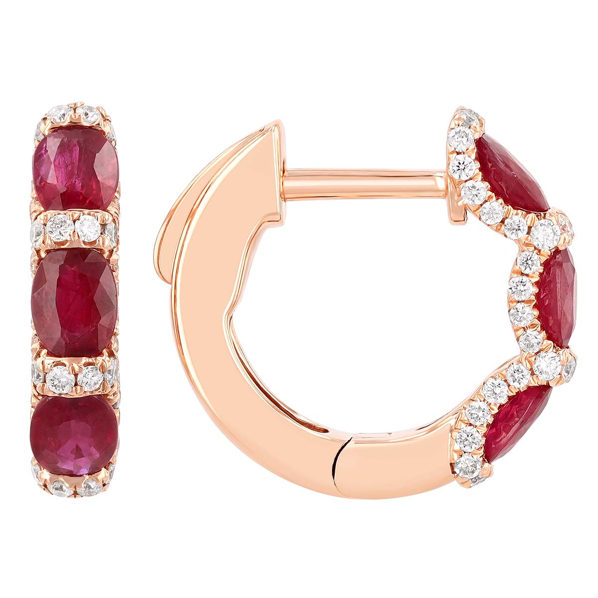 Oval Ruby & Diamond Shared Halo Huggie Hoop Earrings in Rose Gold