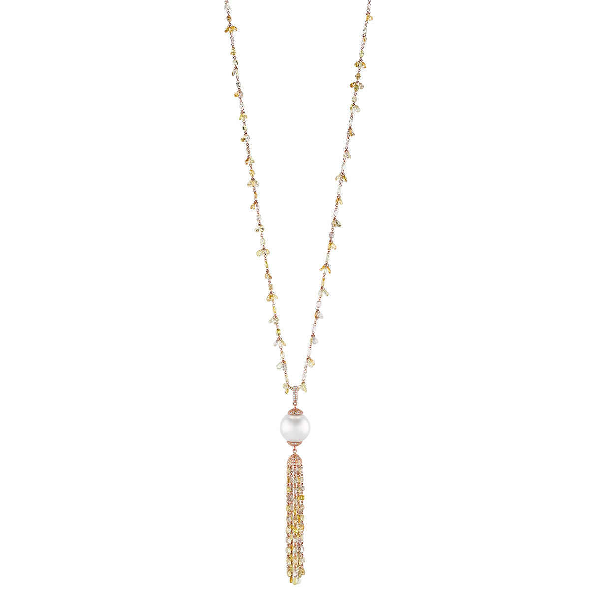 TARA Pearls South Sea Cultured Pearl & Multicolor Diamond Tassel Necklace in Rose Gold, 26