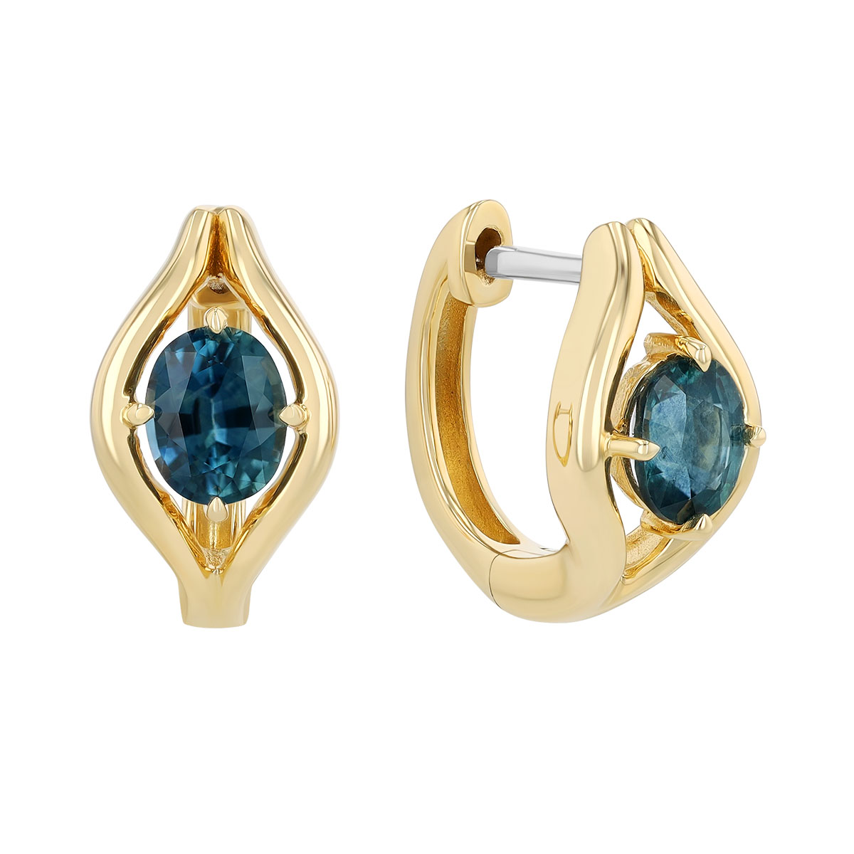 Oval Sapphire Open Huggie Hoop Earrings in Yellow Gold