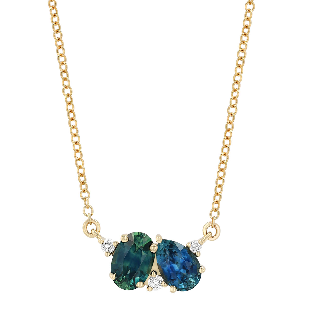 Oval & Pear Shape Sapphire & Diamond Cluster Necklace in Yellow Gold, 18