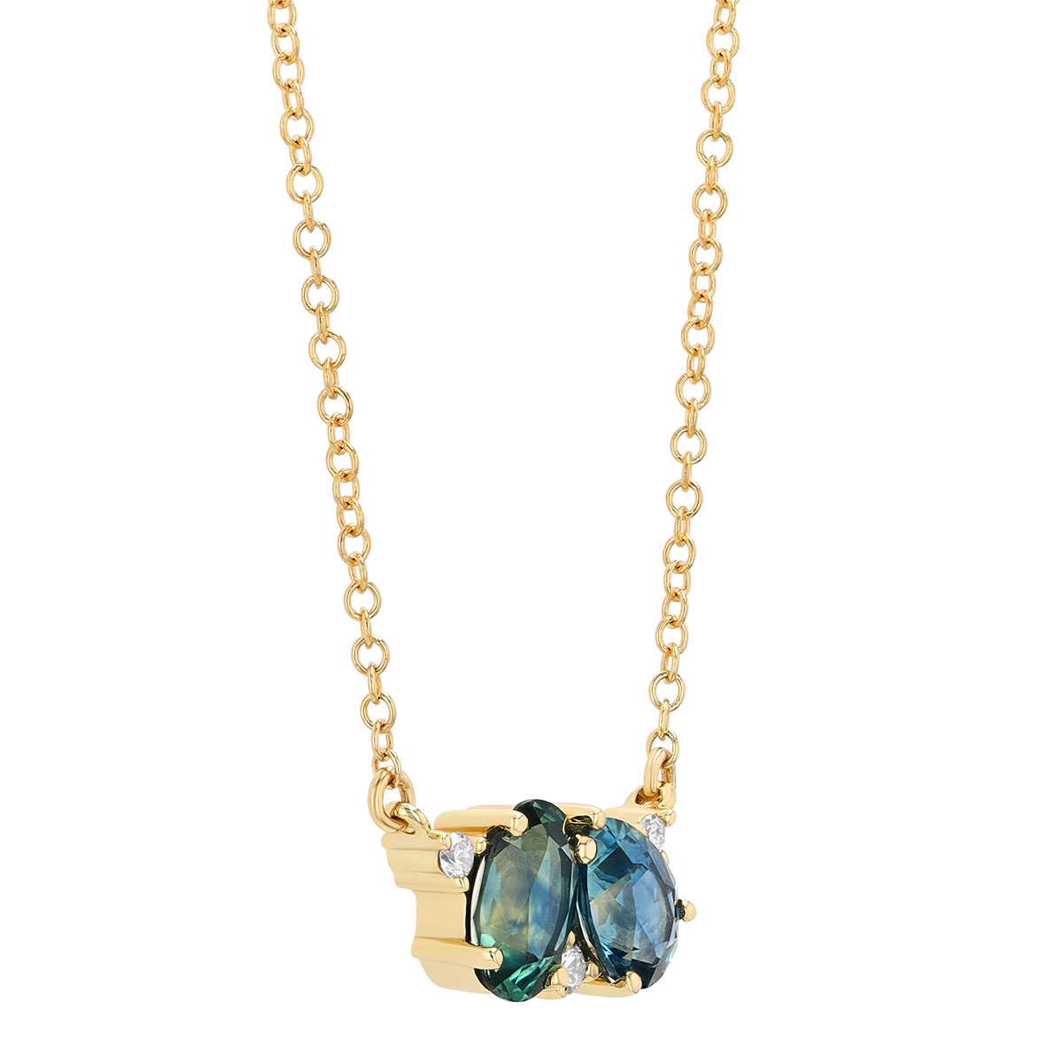 Oval & Pear Shape Sapphire & Diamond Cluster Necklace in Yellow Gold, 18