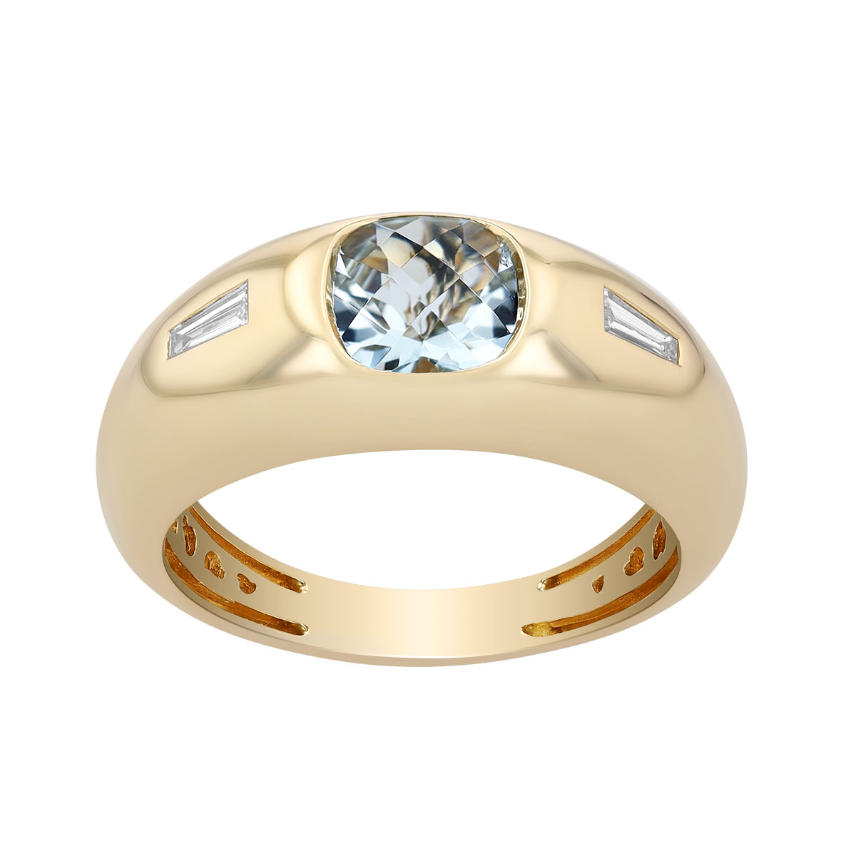 Bezel Set Cushion Cut Aquamarine & Baguette Diamond Signet Ring in Yellow Gold