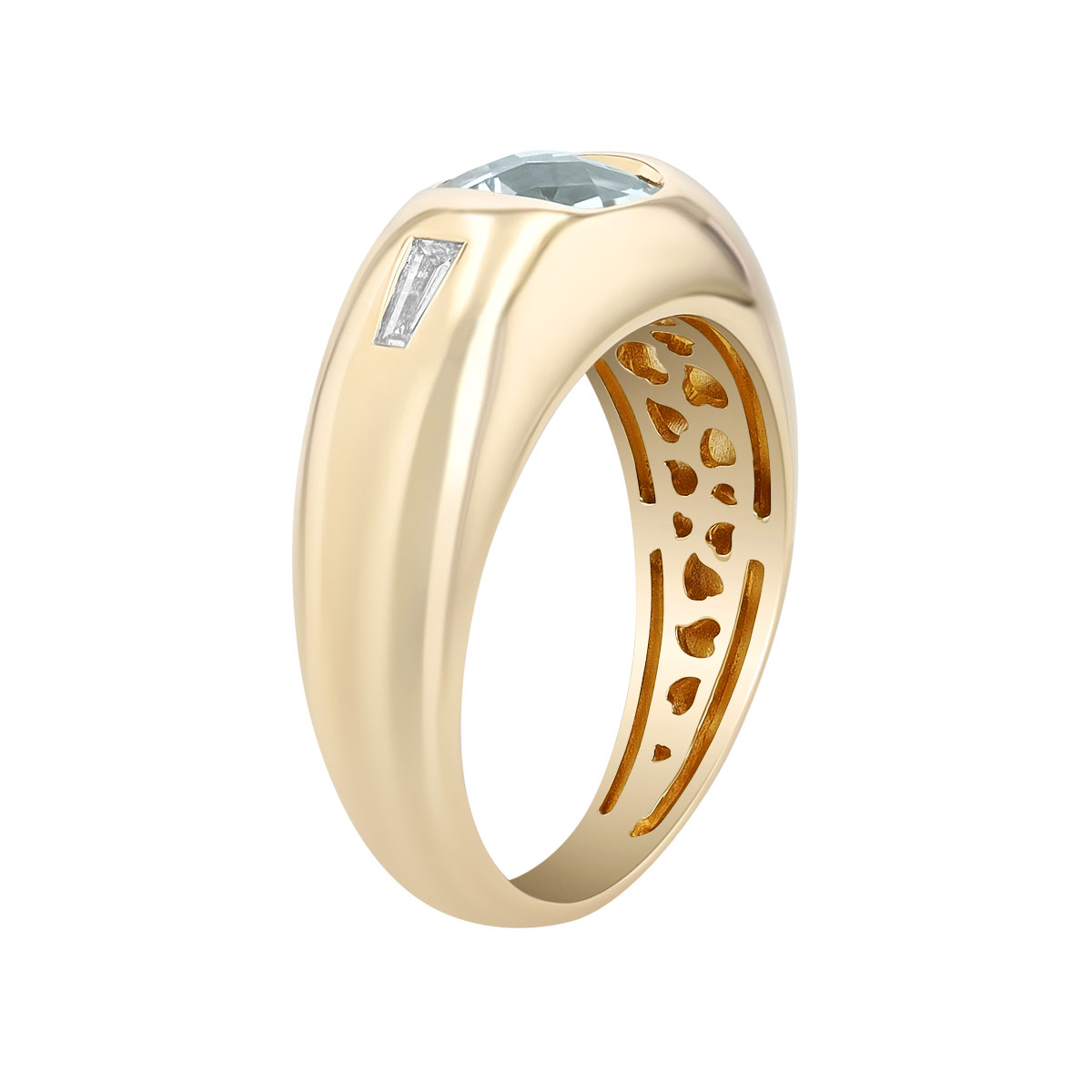 Bezel Set Cushion Cut Aquamarine & Baguette Diamond Signet Ring in Yellow Gold