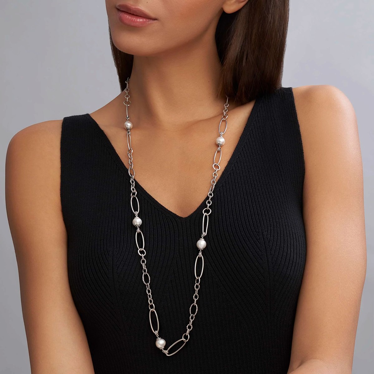 LAGOS Luna Pearl Caviar Link Necklace, 34