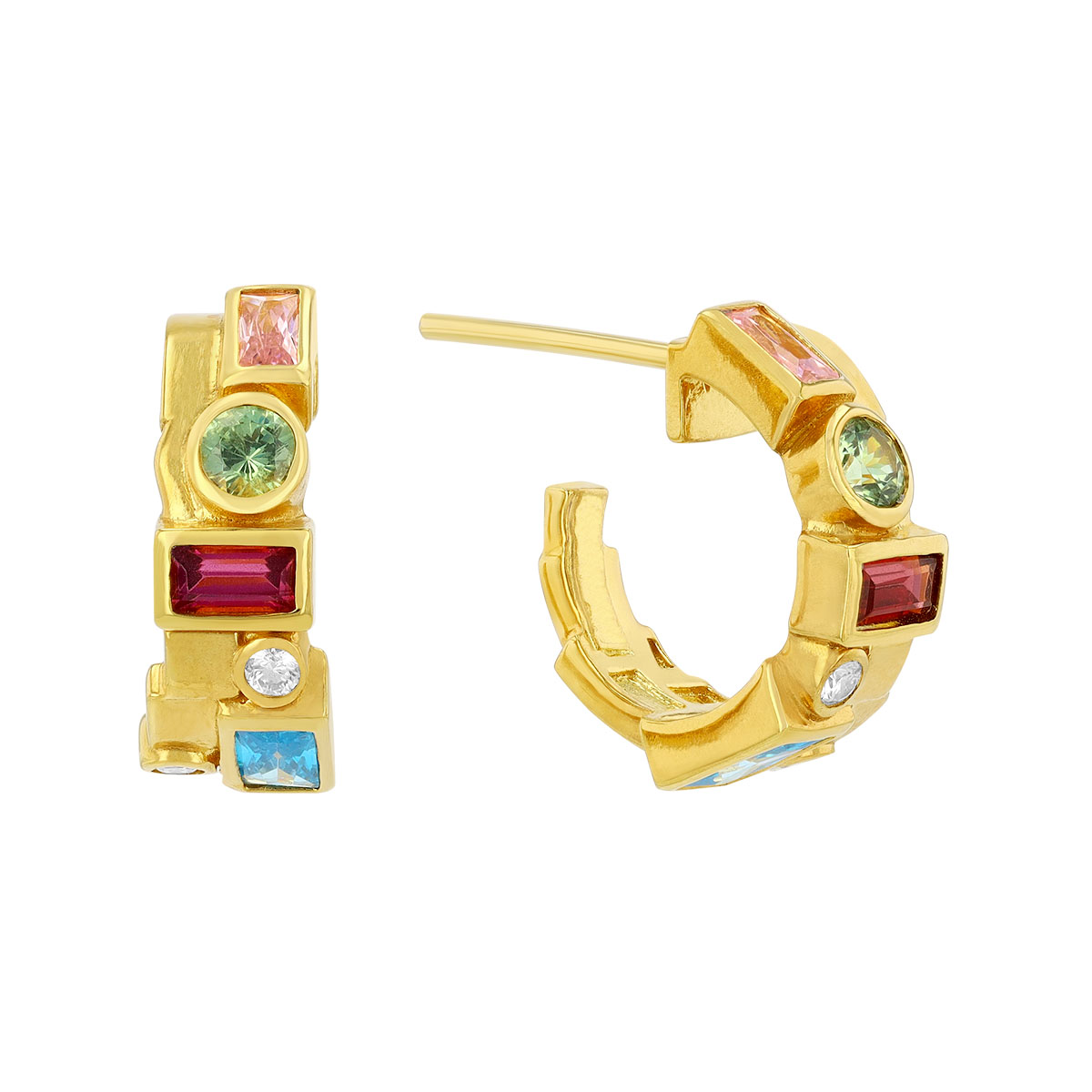 Gurhan Bezel Set Mixed Shape Multicolor Gemstone Hoop Earrings in Yellow Gold